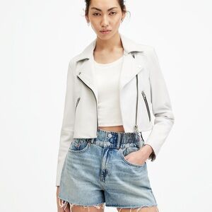 All Saints White Cropped Leather Moto Jacket